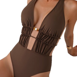 Women Halter One Piece <b>Swimsuit</b> Deep V <b>Neck</b> Cutout Drawstring Beaded <b>High</b> Waist Monokini Summer Beach Bathing Suit Wholesale - Product Image 2