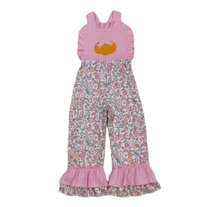 No MOQ RTS Infant <b>Girl's</b> Long Sleeve <b>Jumpsuit</b> with Pumpkin Embroidery Zipper Closure Wholesale Child Romper Set - Product Image 1