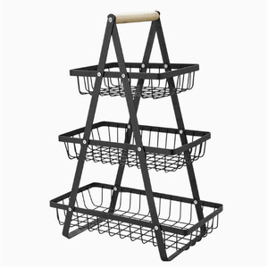 Panier à fruits en métal multi-niveaux avec poignée en bois, support de rangement de cuisine durable pour collations et fruits, type rectangulaire sur pied - Product Image 4