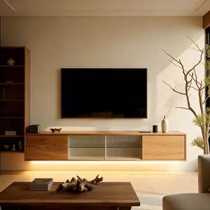 Meuble TV bas minimaliste Balom, console multimédia en bois, design simple et long, adapté à la chambre à coucher et au salon - Product Image 3