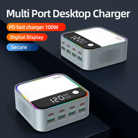 Chargeur de bureau USB C GaN 120W Justlink, 8 ports, affichage LED intelligent RGB, station de charge rapide pour ordinateur portable, MacBook, tablette