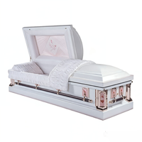 Cercueil métallique semi-couché blanc brillant - Broderie de roses roses et intérieur rose clair (pour adulte, vente en gros)