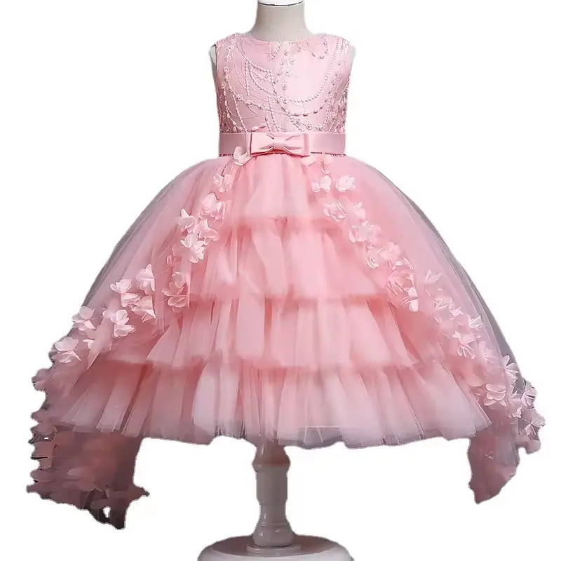 Rose élégant enfants princesse gâteau robes pour fille longue traînant fleur tutu robes banquet enfants robe de soirée de 10 ans