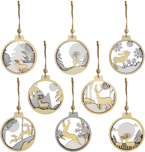 Juego <span class=keywords><strong>de</strong></span> 8 Adornos <span class=keywords><strong>Navideños</strong></span> <span class=keywords><strong>de</strong></span> Reno <span class=keywords><strong>de</strong></span> Madera Ecológicos Tailai, Adornos Redondos Hechos a Mano con Purpurina para Colgar en la Pared Interior - Product Image 1