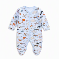 Pijama de Bebé con Estampado de Avión, Azul Claro, 100% Algodón, Manga Larga, para Recién Nacido, Cierre de Broches, 0-12 Meses