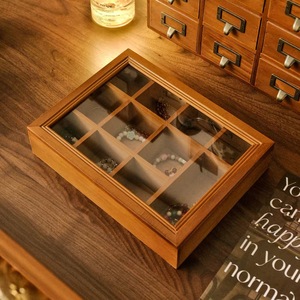 Retro Solid Wood Desktop Jewelry <b>Box</b> With Glass Lid 12 Compartments For Bracelets And Accessories Storage Organizer - Product Image 1