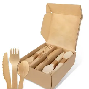 Peralatan makan kayu birch ramah lingkungan set garpu pisau sendok kayu sekali pakai portabel