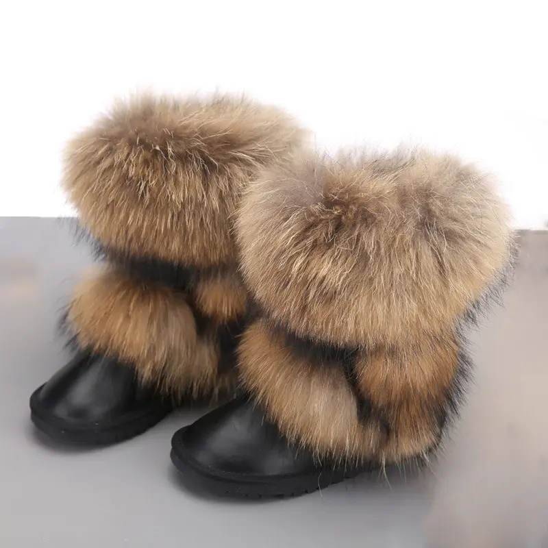 Plus Size Real Racoon Fur Boots Warm Casual Women Shoes Furry Genuine Leather Snow Women Winter Boots 2020