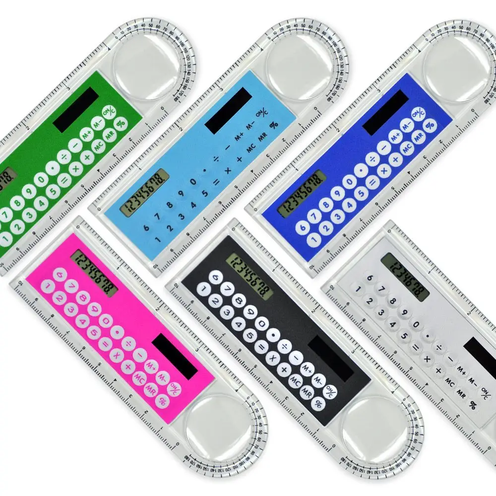 Custom Logo 3 in 1 Multifunctional 10cm 8 Digital Calculator Ruler with Magnifier and Calculator