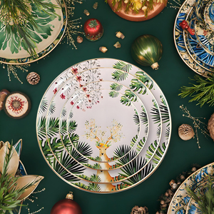Luxury Gold Rim Reindeer Christmas Plates,Bone China Ceramic <strong>Xmas</strong> Festive Season <strong>Dinner</strong> Plate <strong>Set</strong> with Deer Design - Product Image 1