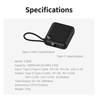 Batterie portable Li-polymère 10000 mAh avec charge rapide USB PD 3.0 & QC 4+ 12W, câble Type-C intégré et écran LED