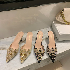 Nouvelles mules à talons fins pour femmes 2025, style rétro à pois, à enfiler, avec appliques, noires, pour le printemps/automne - Product Image 1