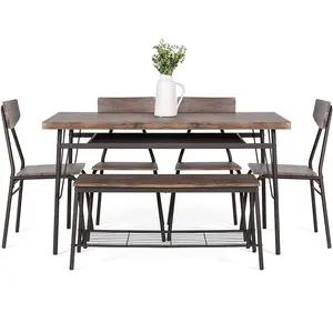 6 adet 55 Modern ev yemek seti depolama rafları dikdörtgen masa, tezgah, 4 sandalye kahverengi ahşap Metal mobilya