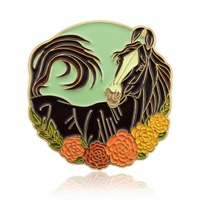 Broche en métal émaillé noir floral, motif cheval, plaqué électrolytique, style western, bijou antique pour les amoureux des chevaux
