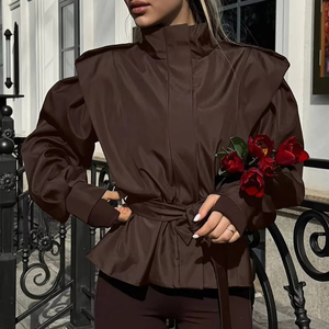 Chaqueta Ligera Casual para Mujer, Color Marrón Chocolate, Estilo Oversize, con Mangas Abullonadas, Cinturón y Cintura Ajustada, para Primavera y Otoño - Product Image 4