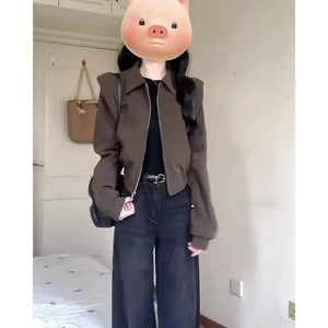 Dark Brown Short Padded Shoulder Lapel Jacket Women Autumn Casual Baseball Style Solid Color Woven Coat - Product Image 1