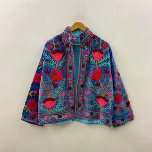 Bata de mujer con cuello en V, 100% algodón, reversible, con bordado floral azul, tipo kimono largo, con cinturón, para estar en casa, hecha a mano - Product Image 1