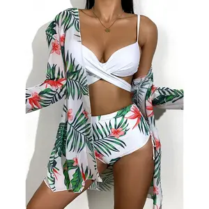 Ensemble 3 pièces pour femmes, maillot de bain extrême, en maille, kimono à manches longues, taille haute, cache-maillot