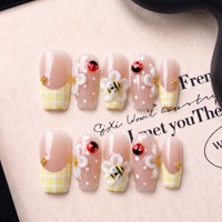 Faux ongles à presser faits main, doublement embossés, dorés, motif vague océanique, style français, 2.5 carrés, courbes, couvrance totale, prêts à poser