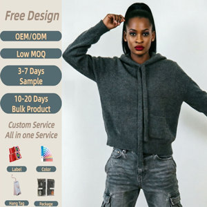Chunky Knit Hooded Sweater Charcoal Grey Pullover Drawstring Hoodie Oversized <strong>Slouchy</strong> Side Split Pocket <strong>Jumper</strong> for <strong>Women</strong> - Product Image 1