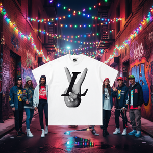 T-shirt Oversize L.V. Peace con Grafica Segno della Mano, Stile Y2K Streetwear, Maglietta Natalizia per Bambini - Product Image 3