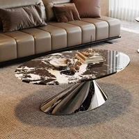 Table basse ovale en marbre noir au design elliptique, base en piédestal chromé, acier inoxydable stable pour salon, hôtel, villa