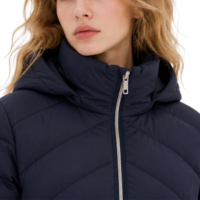 Veste matelassée longue à capuche pour femme, bleu marine, 100% nylon, matelassage chevron, poches zippées, pliable, manteau d'hiver, OEM ODM