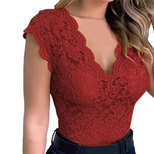 T26048 2026 Nuova Moda T-Shirt con Scollo a V e Bordo <span class=keywords><strong>in</strong></span> <span class=keywords><strong>Pizzo</strong></span> Tinta Unita - Product Image 1