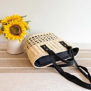 Bolso <span class=keywords><strong>de</strong></span> playa <span class=keywords><strong>de</strong></span> paja tejido a mano <span class=keywords><strong>de</strong></span> la UE, ecológico, cesta <span class=keywords><strong>de</strong></span> verano con asa <span class=keywords><strong>de</strong></span> lona negra, bolso artesanal para compras y vacaciones - Product Image 2