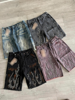 Shorts d'été pour hommes Difan Custom West Coast, style streetwear, taille mi-haute, coupe ample, avec effet usé, délavé à la barbe et orné de perles