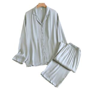 PJ-044 Conjunto de Pijama de Manga Larga para Mujer, Color Satinado Sólido, Ropa de Dormir Ligera para Primavera/Verano - Product Image 5