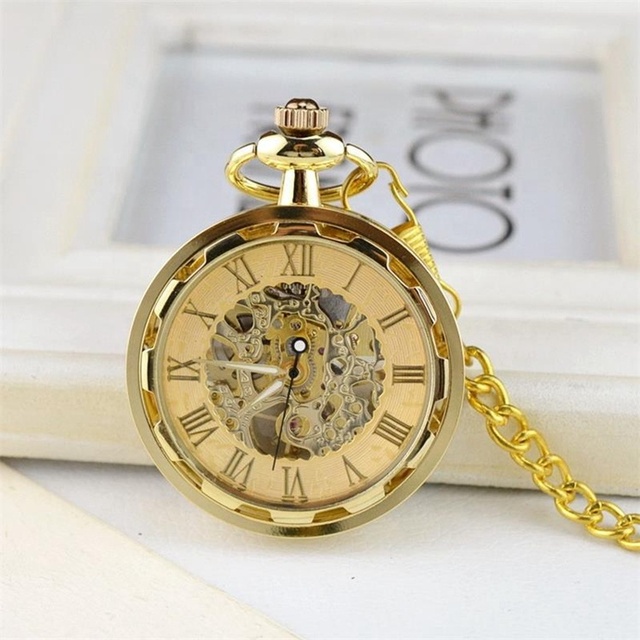 Vintage Mens Skeleton Mechanical Automatic Pocket Watch with Chain