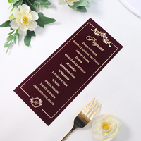 Maßgefertigte Burgunderrote Samtkarte für Hochzeitsprogramm mit Goldfolie, Dunkelrote Samt-Hochzeitsmenükarte