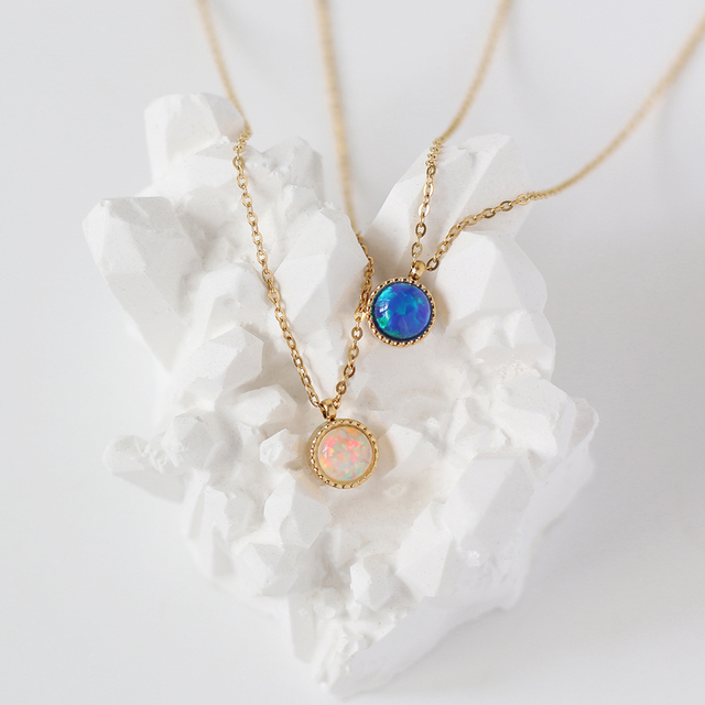 Fancy White and Blue Fire Opal Crystal Round Stone Pendant Stainless Steel Plated 18k Gold Tarnish Free Necklace