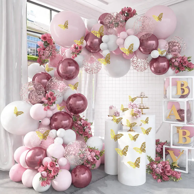 118pcs Butterfly Pink Balloons Garland Pink Chrome Confetti Latex Balloon Garland Arch Kit Wedding Birthday Party Decorations