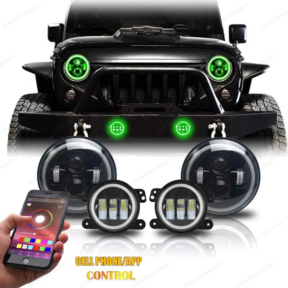 7 inch RGB Halo Ring LED Headlights Round With 4 inch Fog Lights Kit for Jeep Wrangler 1997-2018 JK Rubicon TJ LJ