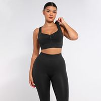 Vractivewholesale Ensemble de yoga 2 pièces pour femme, col en V, taille haute, froncé, uni, léger, sans couture, avec soutien-gorge intégré et taille élastique ACTIVE STRETCH