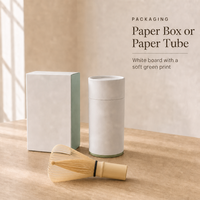 Service d'échantillonnage de fouets à matcha en bambou avec capuchon, emballage en tube de boîte en papier imprimé sur mesure, alternative naturelle et flexible