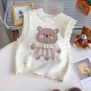 Girls Knitted Vest Cartoon <b>Bear</b> Design Spring Autumn Outerwear For Children Cotton Material <b>Pink</b> Beige Off White - Product Image 4