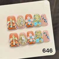 416-420 Faux ongles en acrylique réutilisables faits main, 10 pièces, à presser, avec colle, motif carré pour doigts