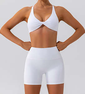 Sonbahar kadın nefes spor Activewear 2-Pc egzersiz seti Logo Yoga şort ve üst Fitness spor sutyen ve tayt - Product Image 3