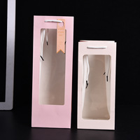 Sacs cadeaux en papier blanc et rose pour bouteille de vin simple avec fenêtre transparente, logo personnalisé, vente en gros