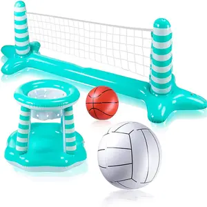Mainan kolam renang lucu mengambang, set permainan voli dan basket tiup untuk anak-anak dan dewasa