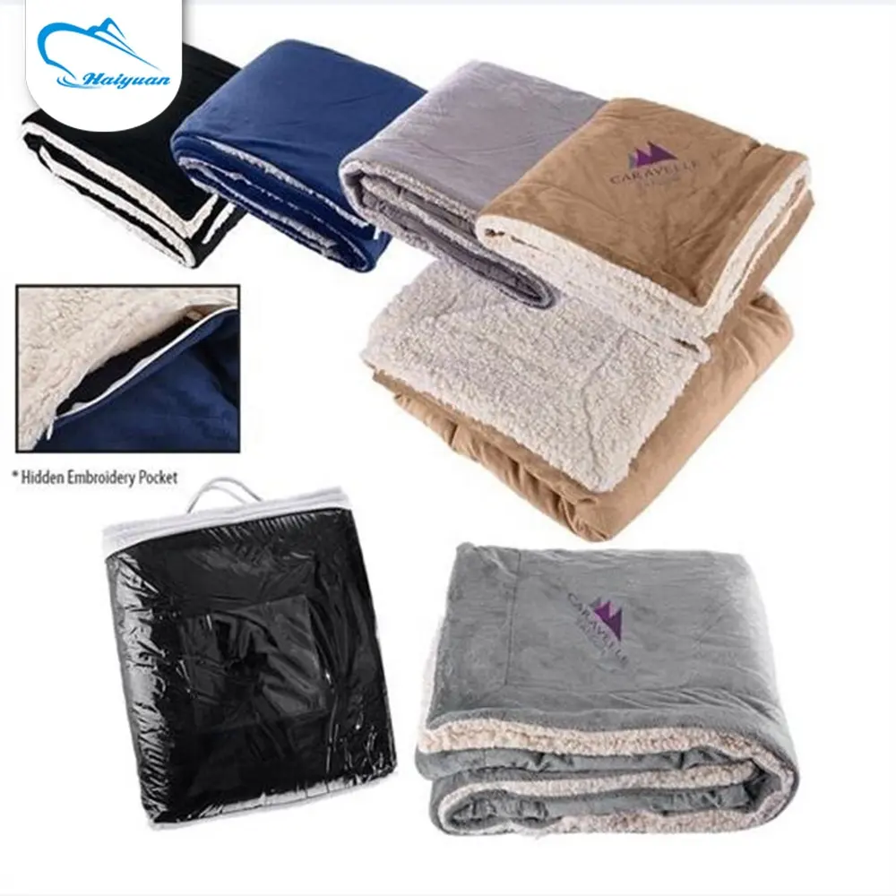 Cozy and soft 2ply minky sherpa fleece customized embroidery blanket with logo for promotion
