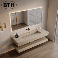 Lavabo double moderne de qualité hôtelière avec vasque rectangulaire en pierre, miroir LED résistant à l'eau, fixation murale classique