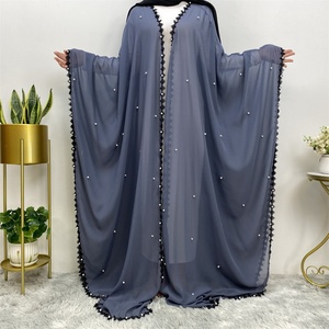 1653 #   Cárdigan Eid en Oferta, Transparente y Transpirable, Azul/Personalizable, con Encaje, Perlas Blancas, Chifón, Abierto, para Mujeres Musulmanas, Islámicas, Árabes - Product Image 2