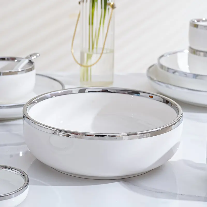 Nordic Modern round Ceramic Dinnerware Set with Silver Rim Sustainable Wedding   Home Party Dishes   Plates