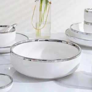 Nordic Modern Round Ceramic Dinnerware Set With Silver Rim Sustainable Wedding Home Party Dishes Plates