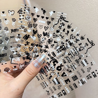 Lot de 12 autocollants 3D Saint-Valentin Cœur Noir et Blanc, Nœud, Lettre, Rose pour Ongles – Décorations Manucure DIY