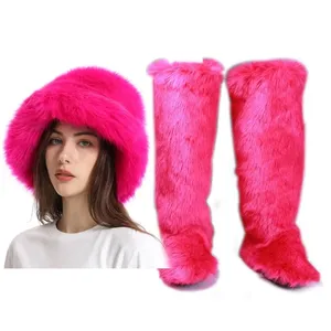 2023 Mulheres Joelho de Lã Inverno Novo Quente Pele Neve Botas Moda Acolhido De Pele De Pelúcia Chapéu Conjunto Botas de Plataforma Botas das Mulheres - Product Image 1